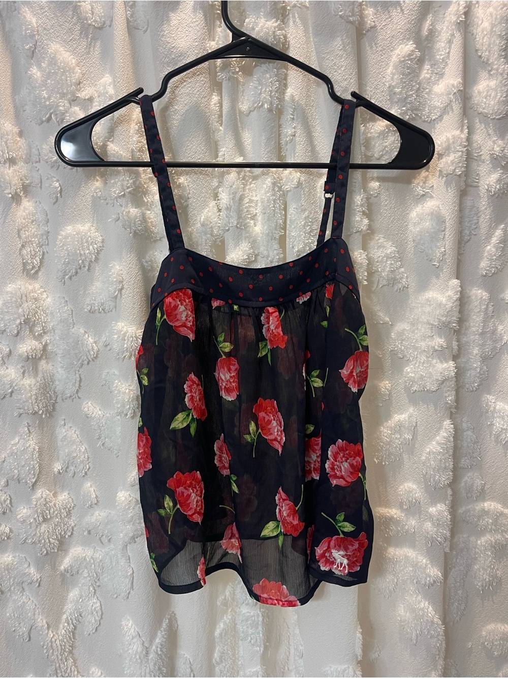 Vintage Abercrombie & Fitch dark navy floral sheer top with polka dots